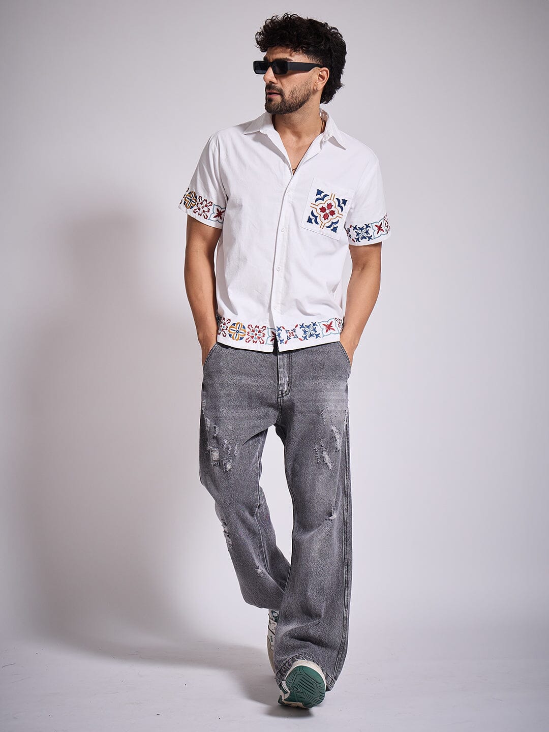 Grey Distressed Flared Denim