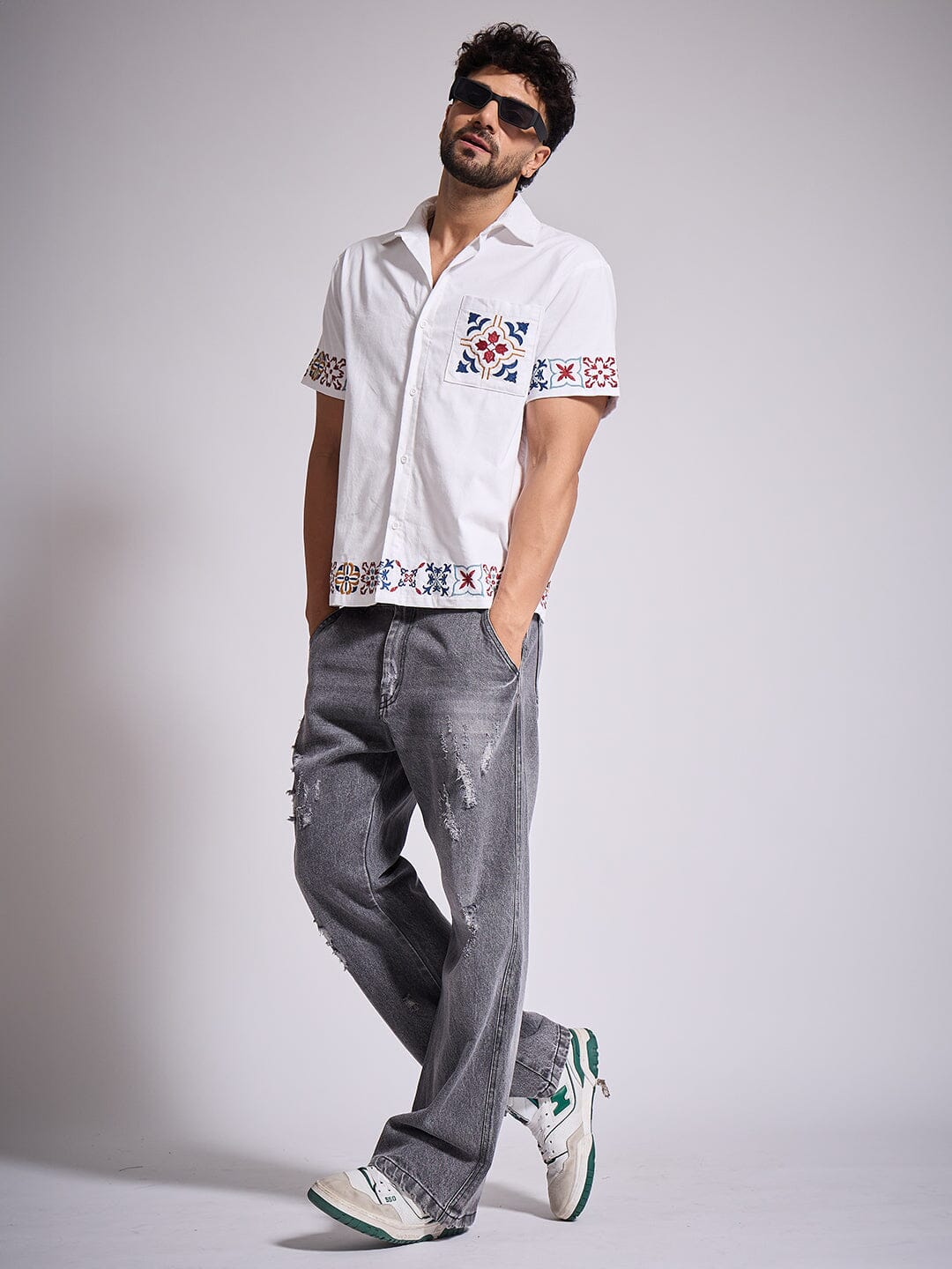 White Patterned Embroidered Corduroy Shirt