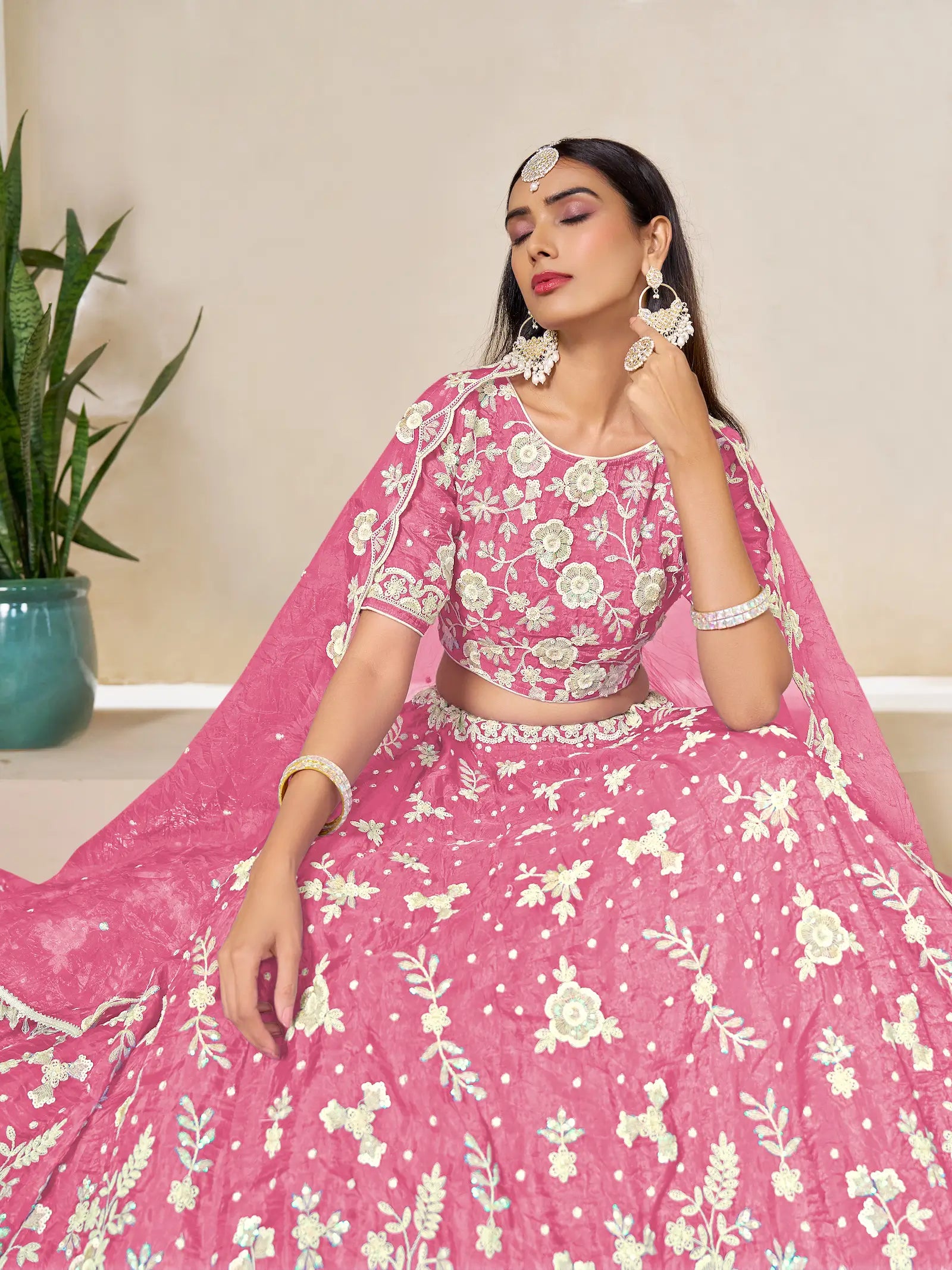 Light Pink Gold Crush Embroidery Lehenga Choli - qivii