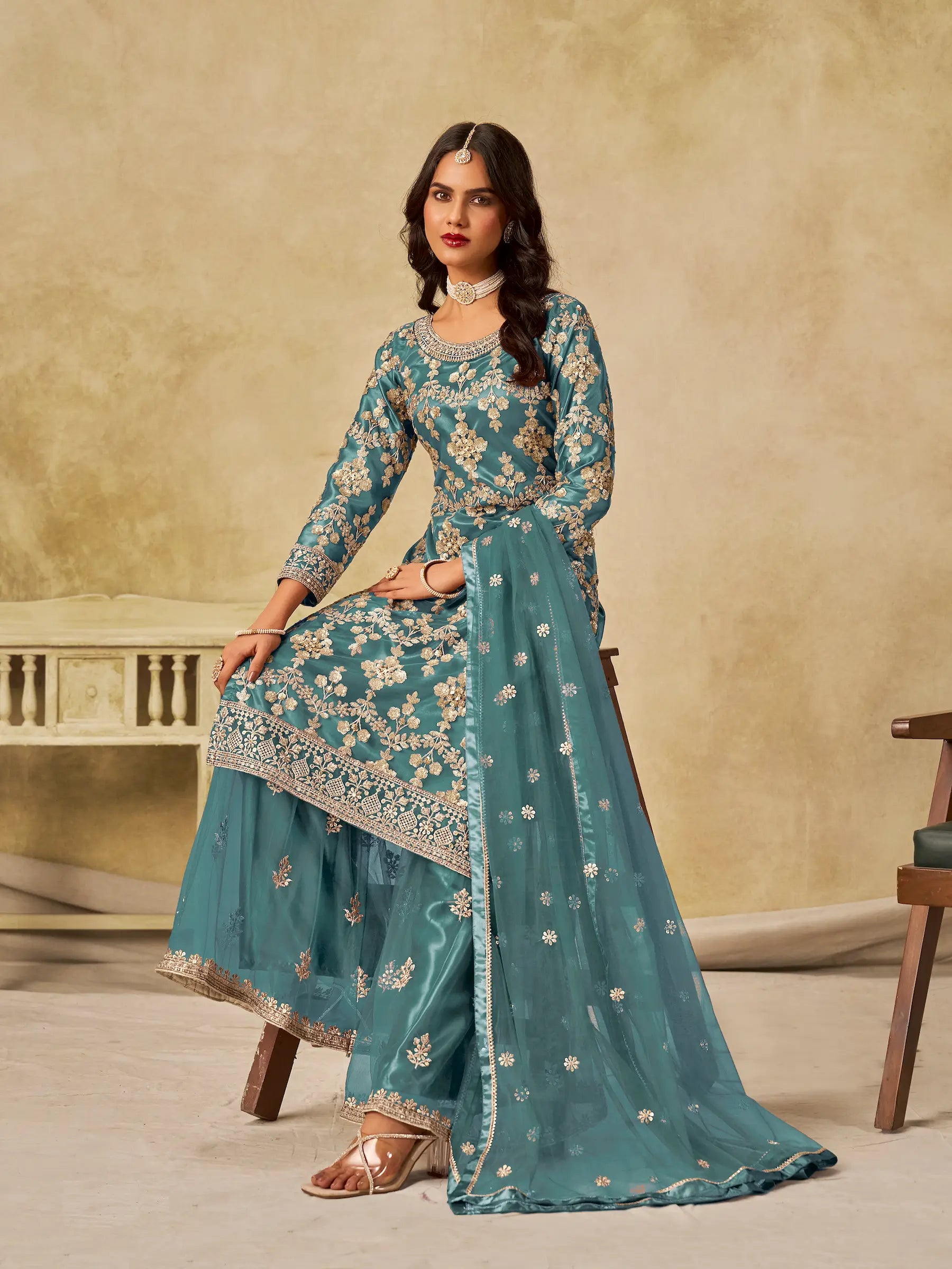 Dusty Teal Net Palazzo Suit With Sequins Embroidery - qivii