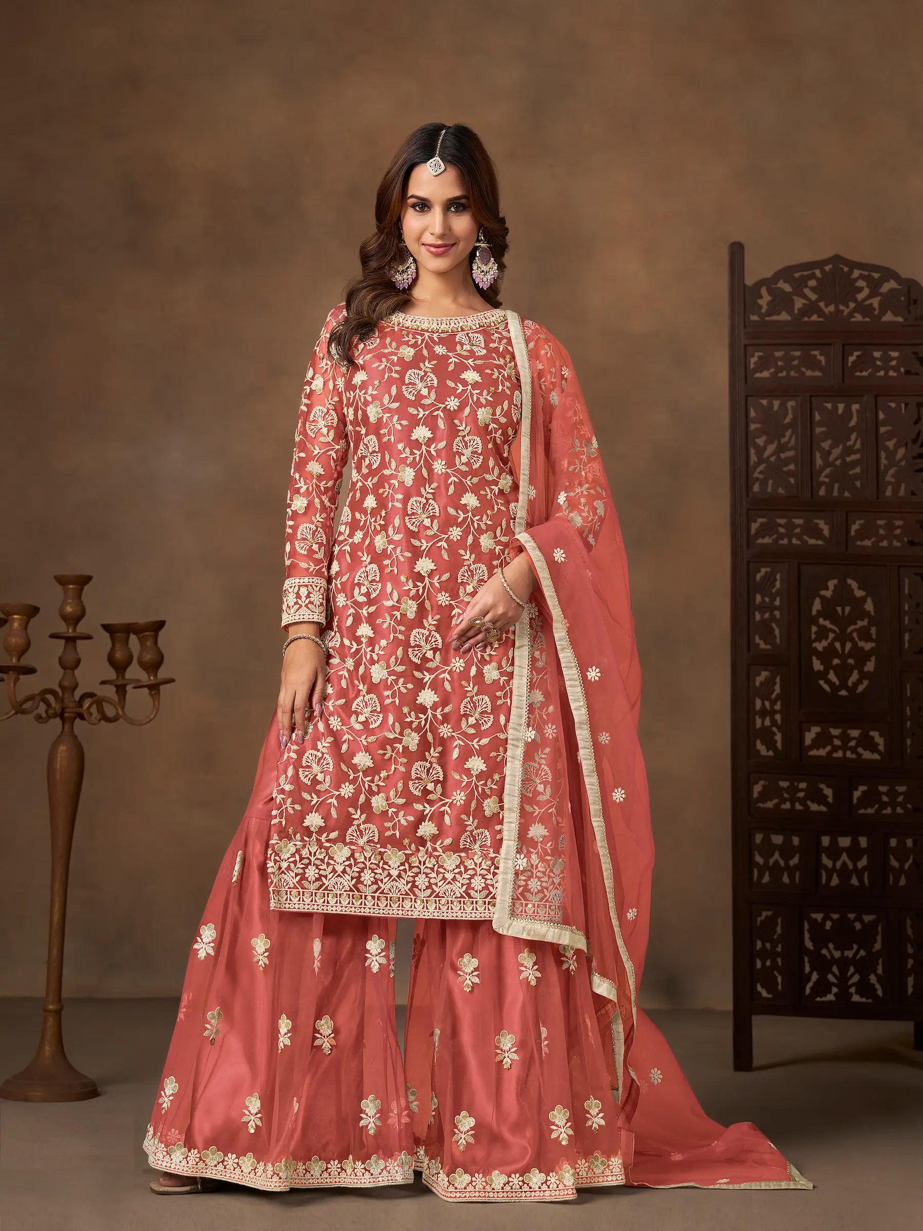 Pastel Red Net Embroidery Palazzo Suit