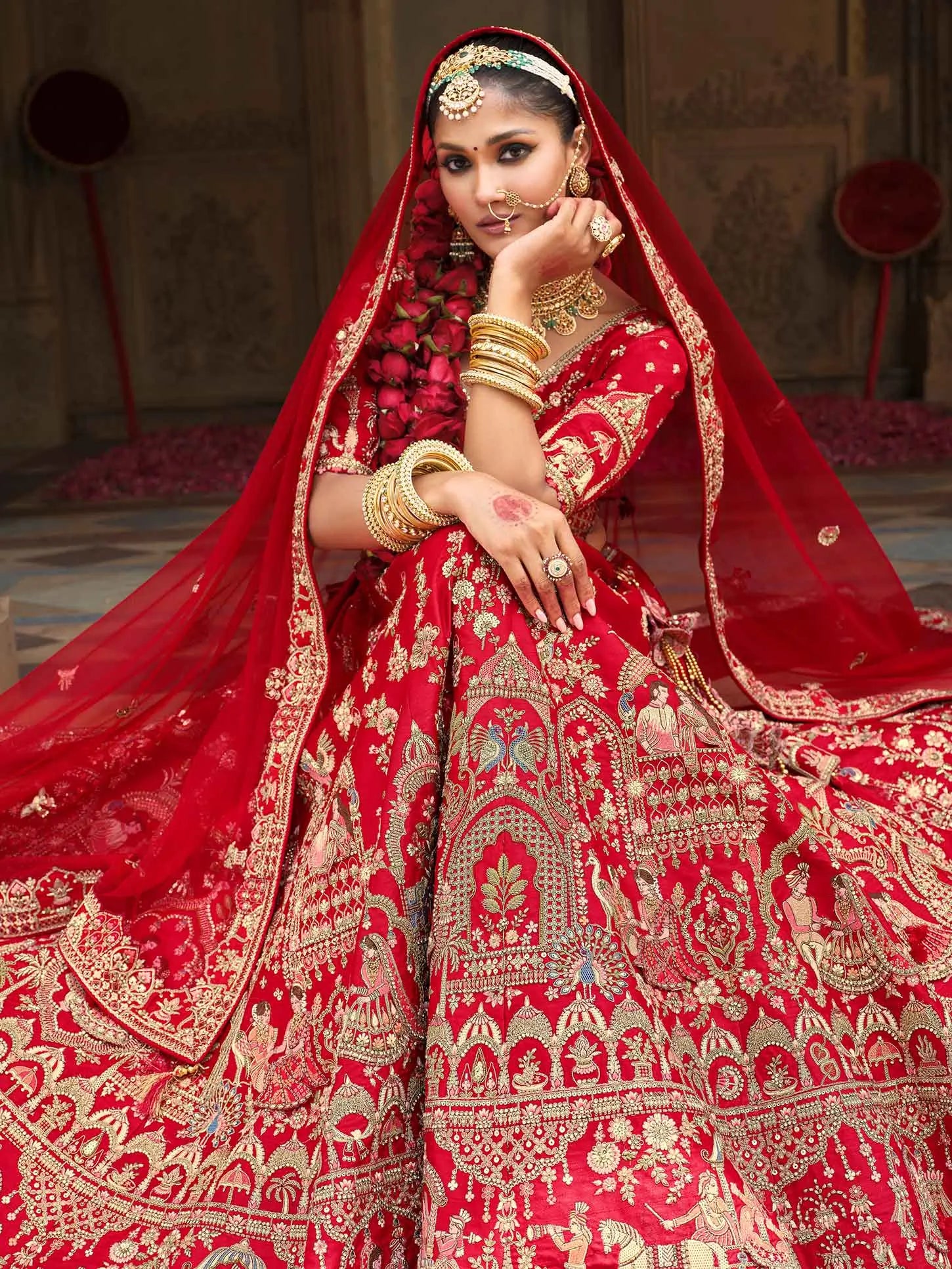 Designer Red Bridal Lehenga Khatli Embroidery & 2 Dupatta - qivii