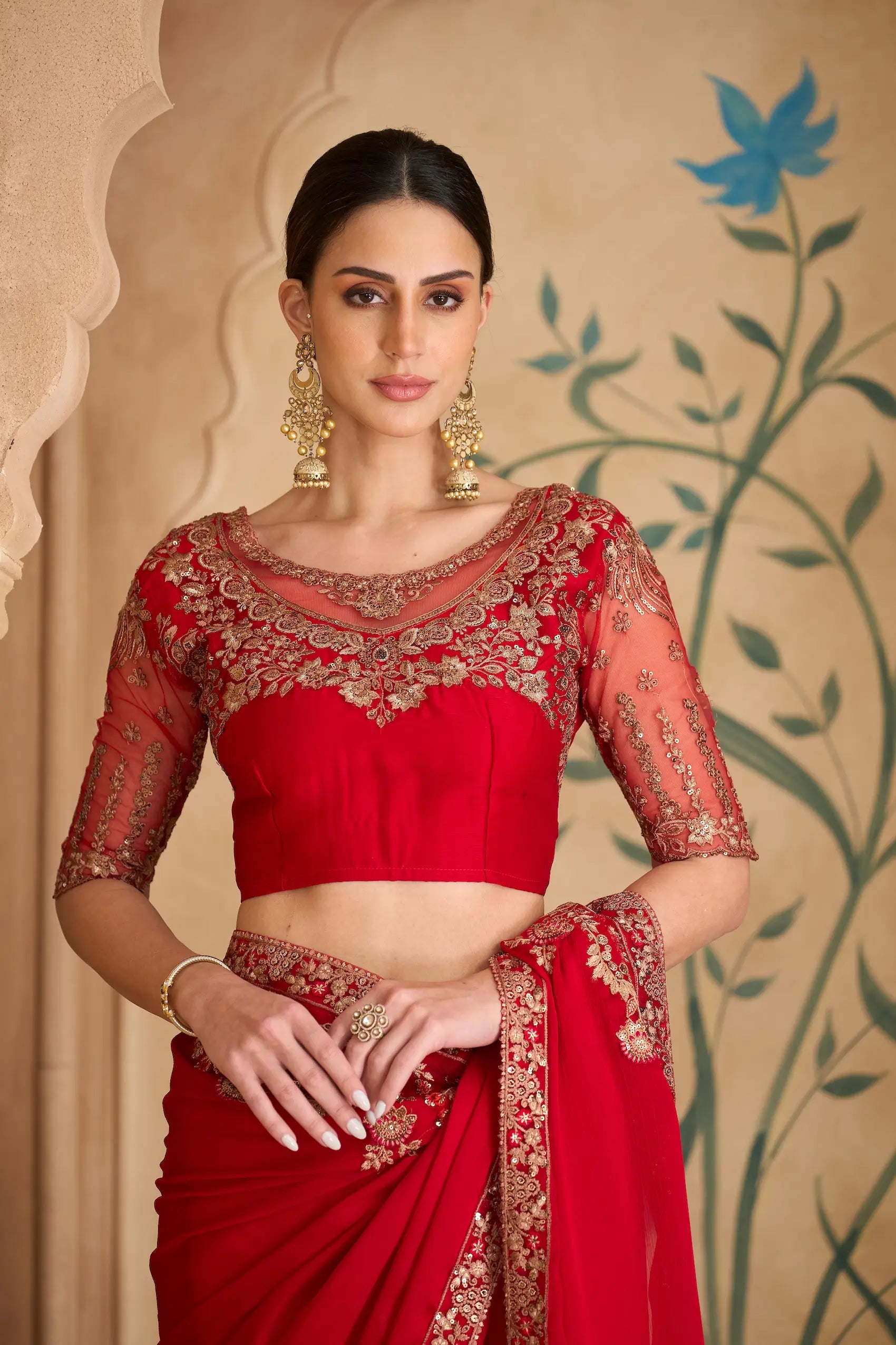 Sparkle Red Georgette Embroidery Saree