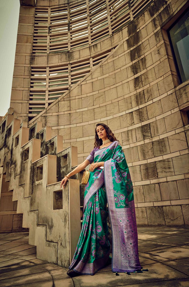 Qivii Green Handloom Woven Satin Saree For Women