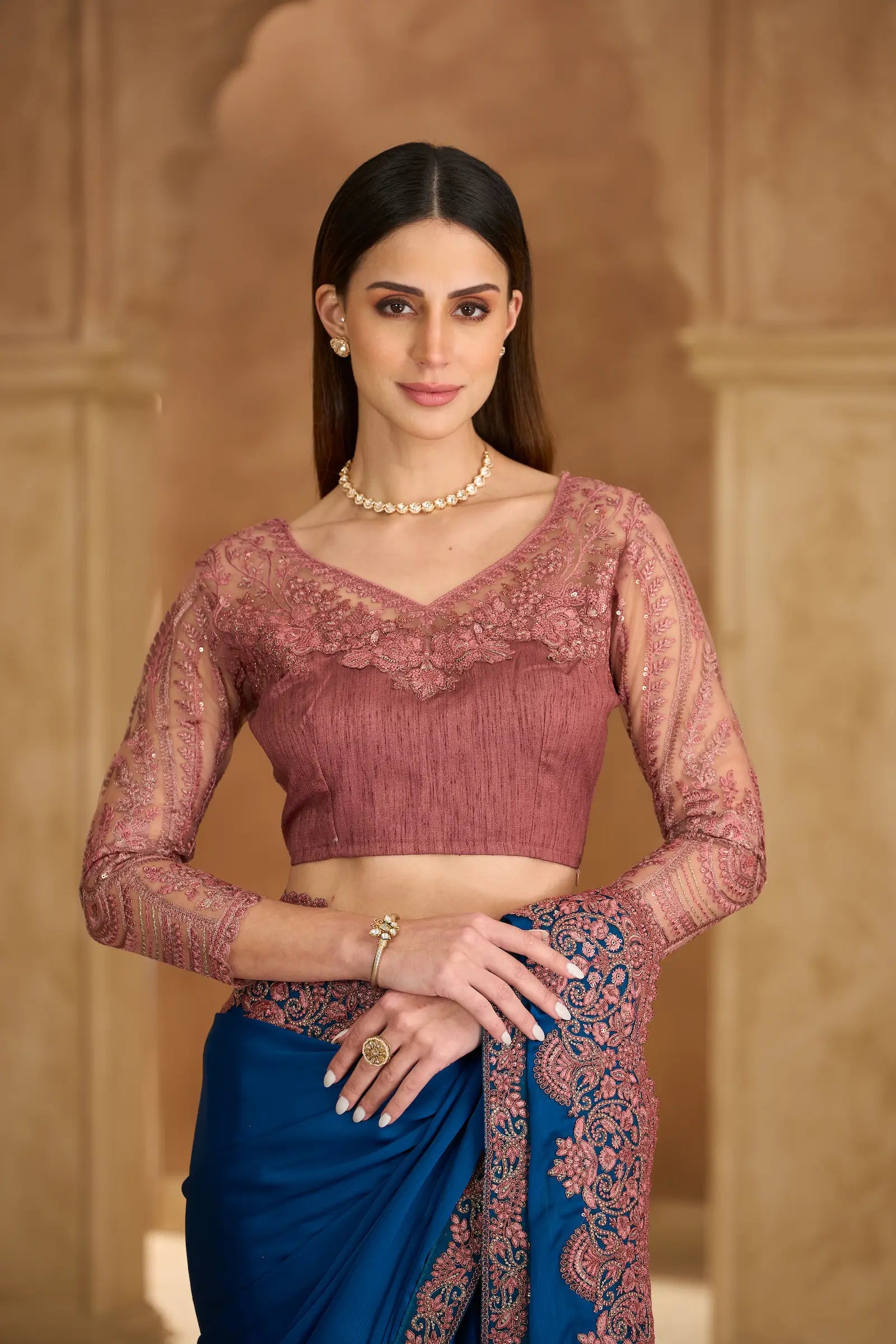 Dark Teal Chiffon Embroidery Saree