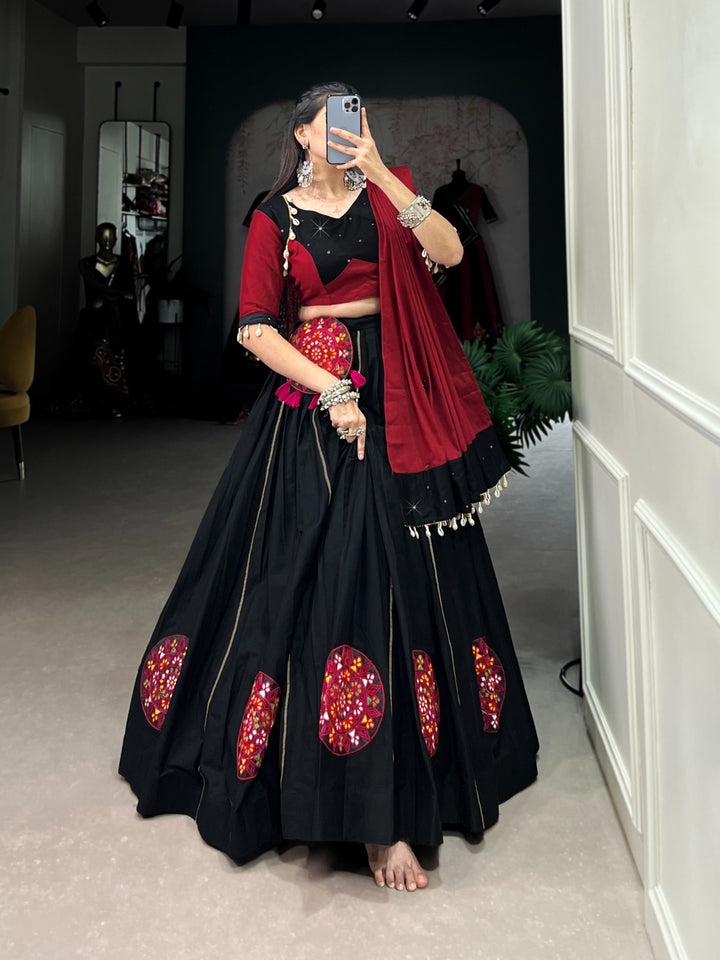 Black Color Pure Cotton Plain And Gamthi Patch Work With Gota Patti Touch Up