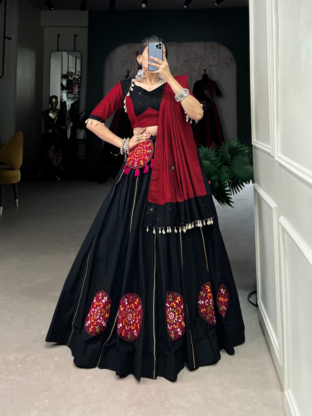 Black Color Pure Cotton Plain And Gamthi Patch Work With Gota Patti Touch Up