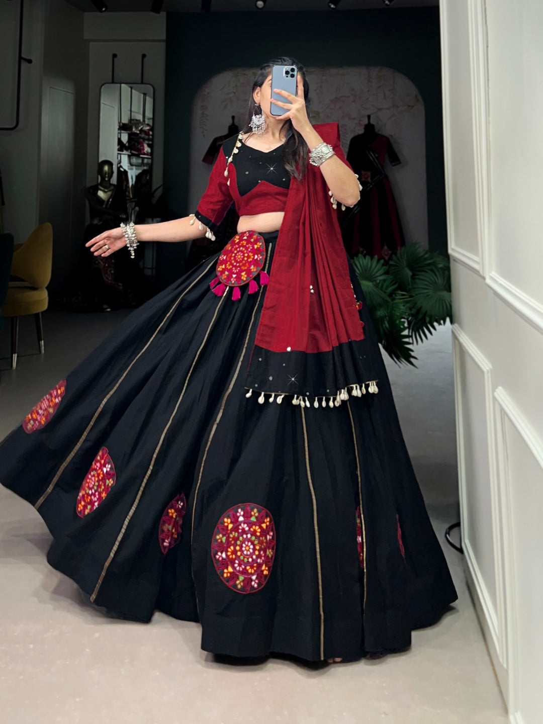 Black Color Pure Cotton Plain And Gamthi Patch Work With Gota Patti Touch Up