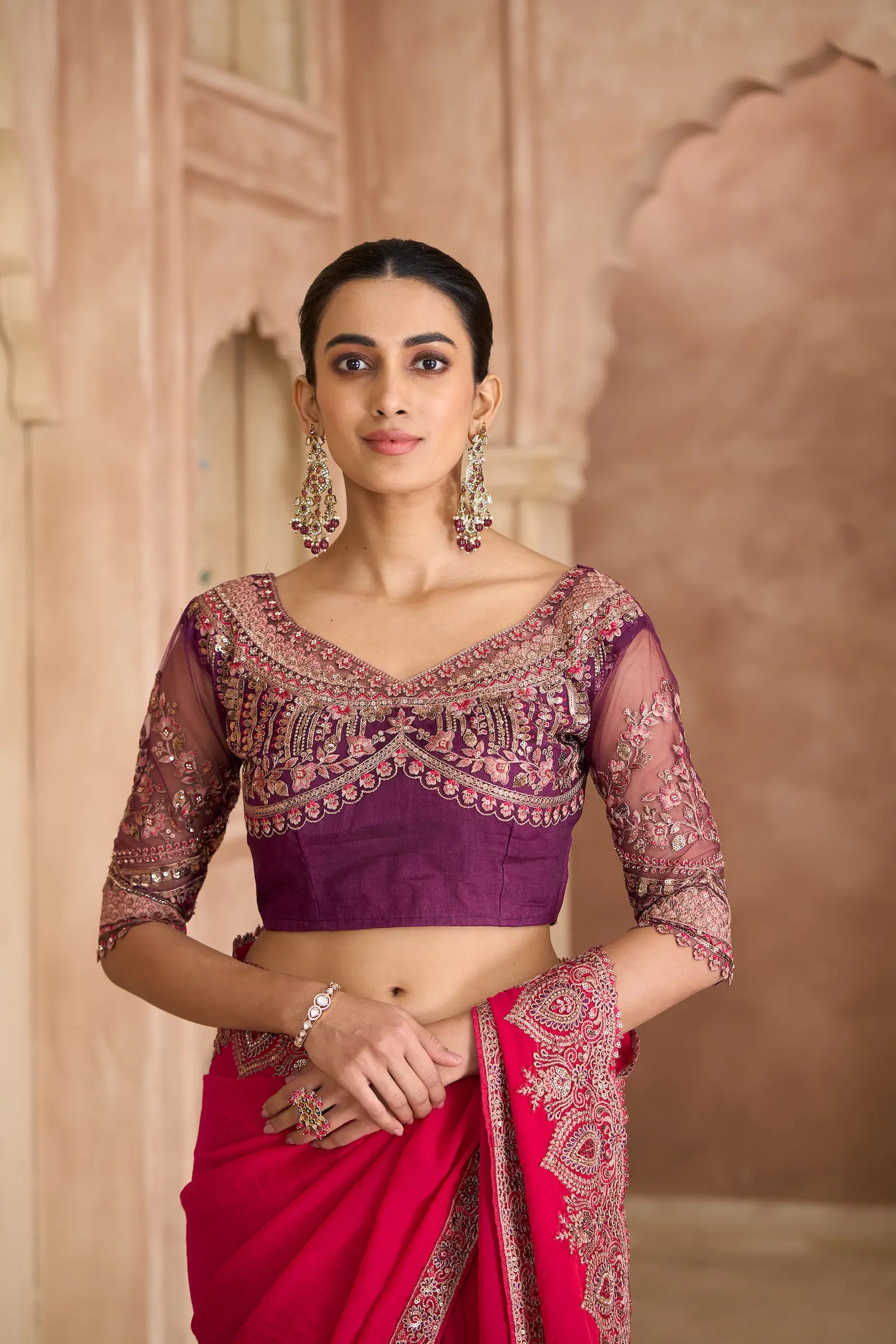 Cherry Red Georgette Embroidery Saree