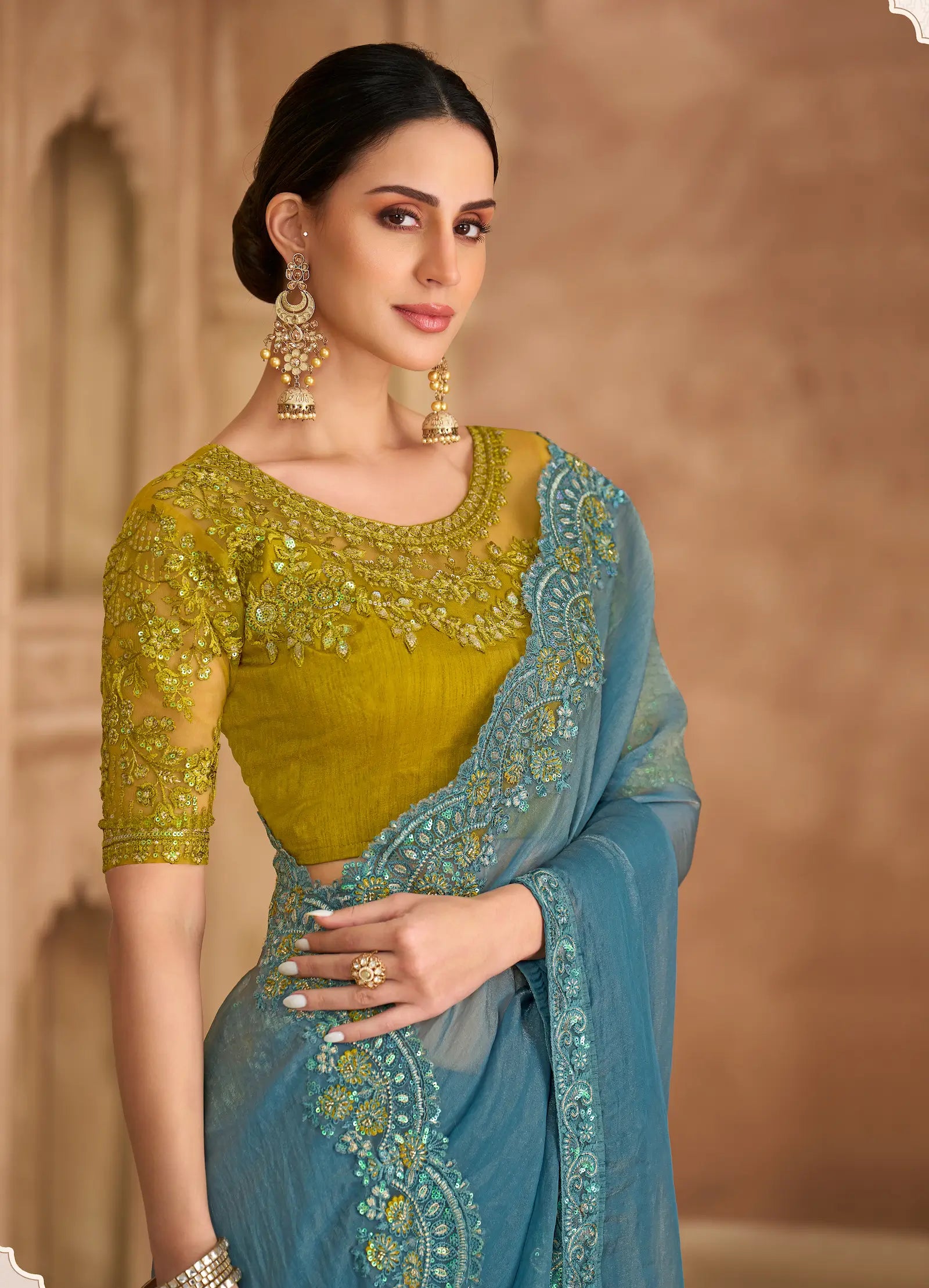 Greyish Teal Georgette Embroidery Saree