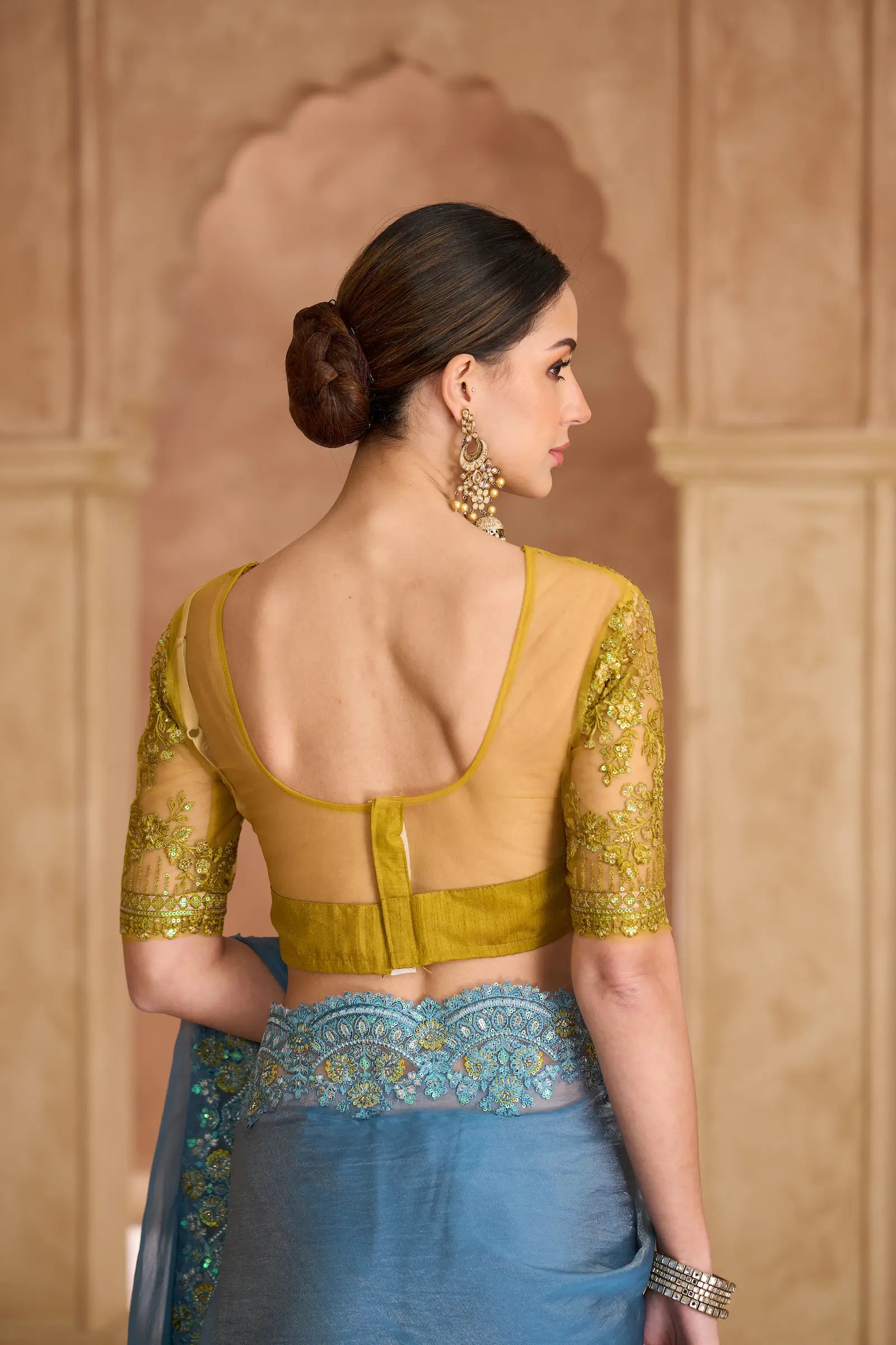 Greyish Teal Georgette Embroidery Saree