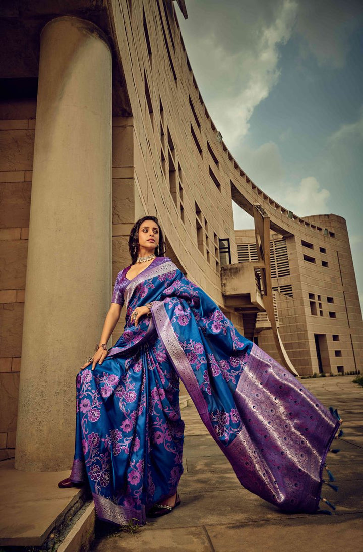 Qivii Navy Handloom Woven Satin Saree For Women