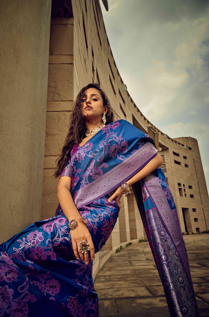  Elegant Qivii Navy Handloom Woven Satin Saree For Women, showcasing a timeless design that exudes grace and sophistication, ideal for formal gatherings and celebrations