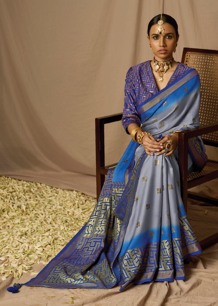 Grey & Blue Woven Soft Silk Saree