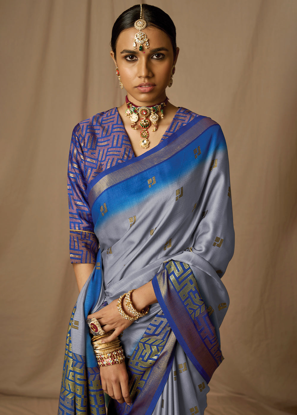 Grey & Blue Woven Soft Silk Saree