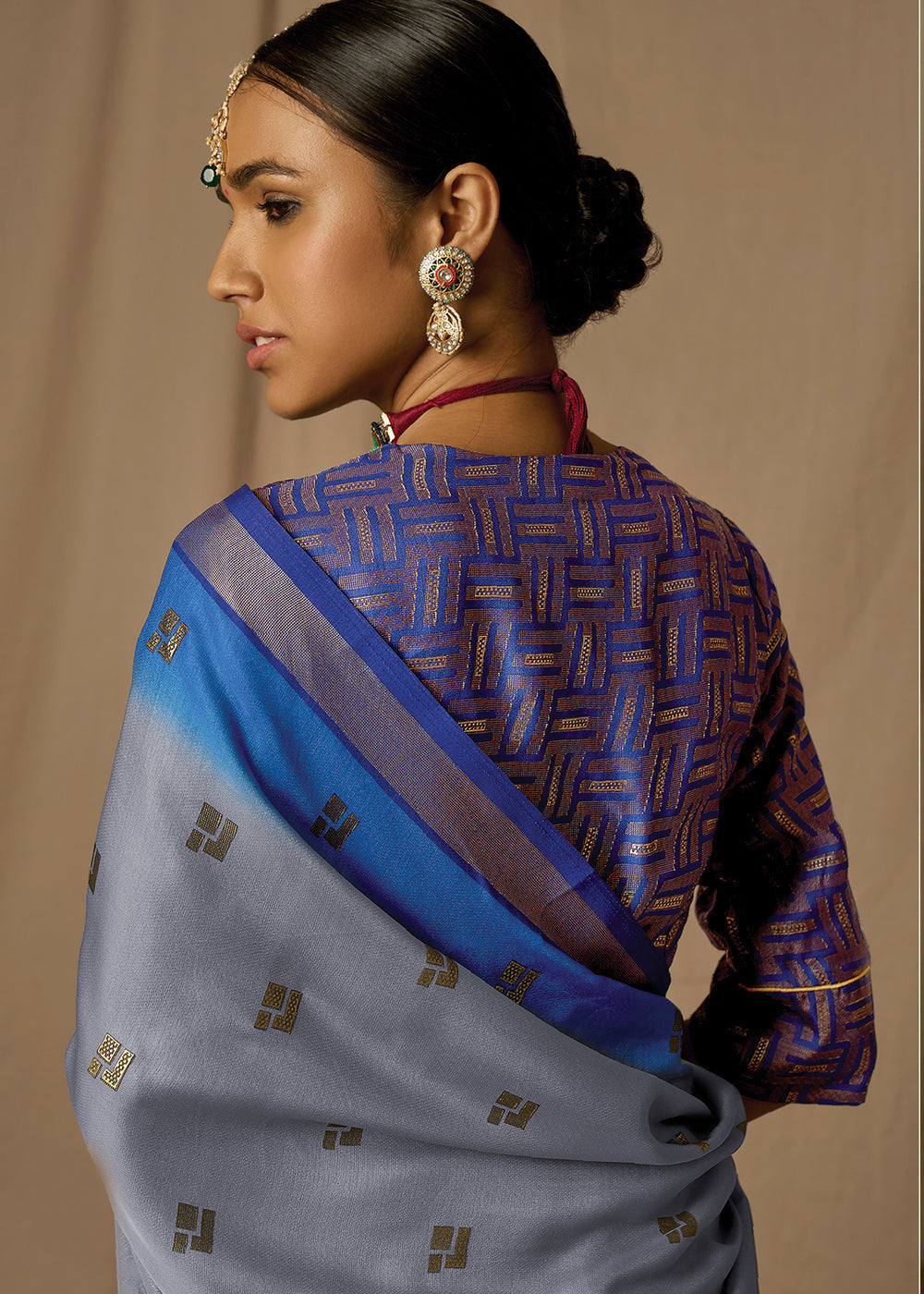 Grey & Blue Woven Soft Silk Saree