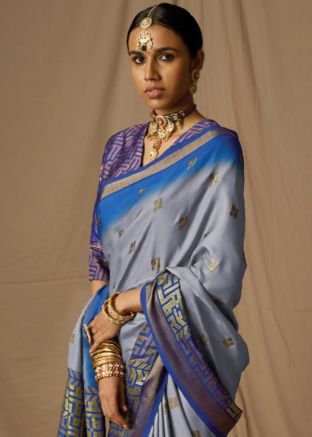 Grey & Blue Woven Soft Silk Saree