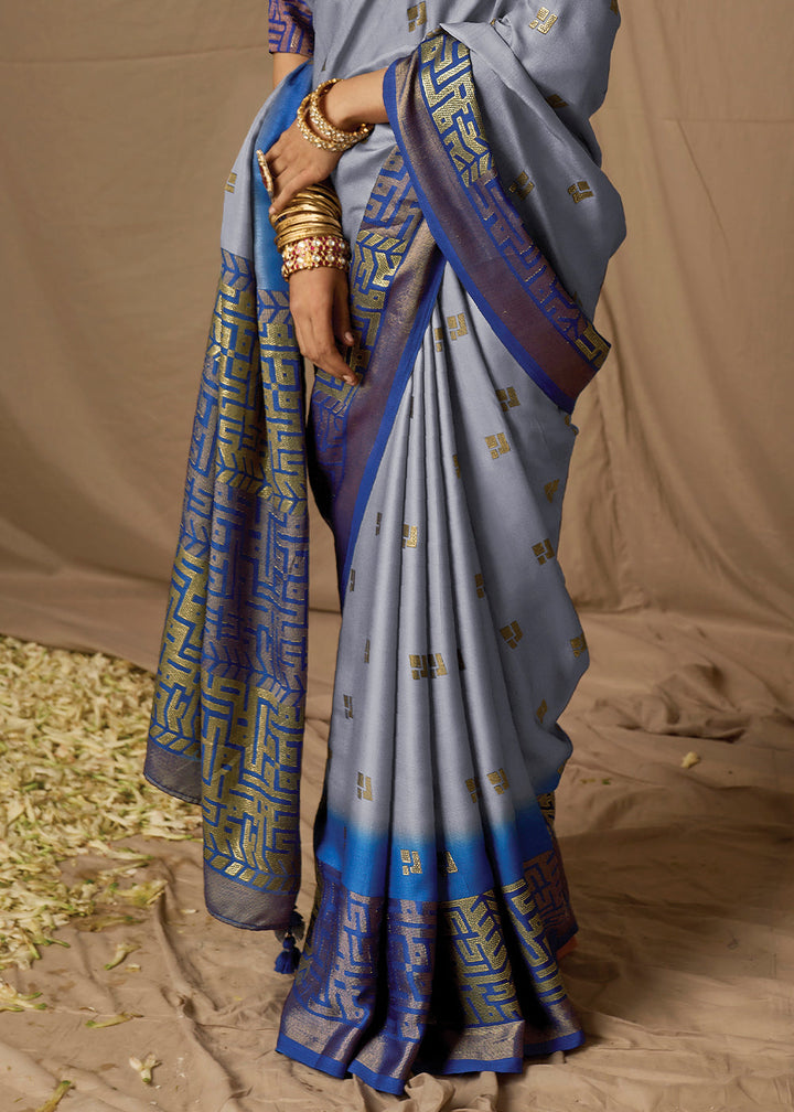 Grey & Blue Woven Soft Silk Saree