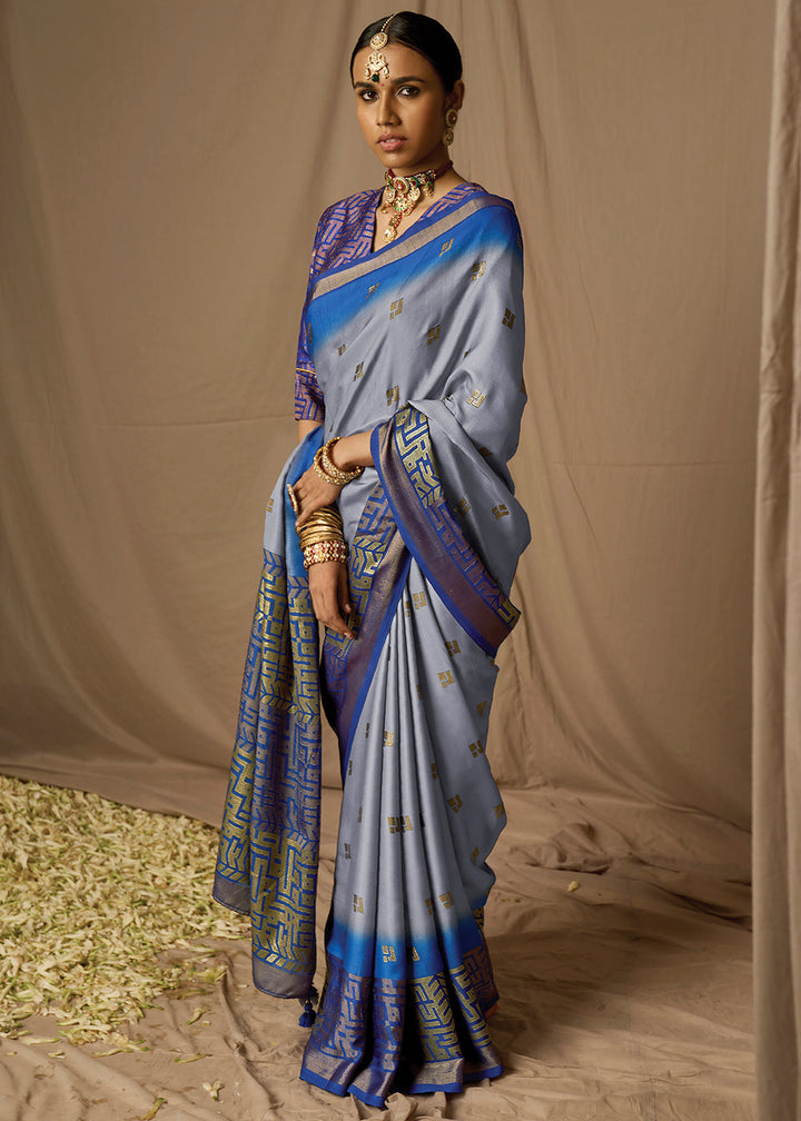 Grey & Blue Woven Soft Silk Saree