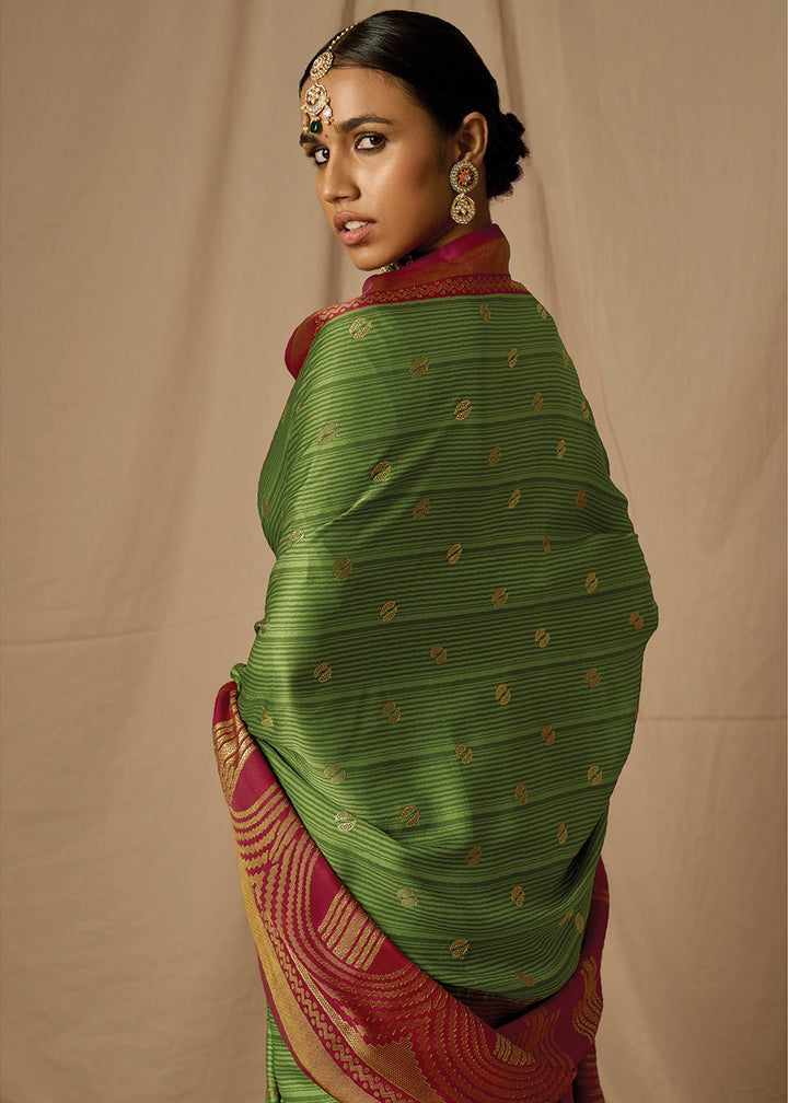 Green & Red Woven Soft Silk Saree