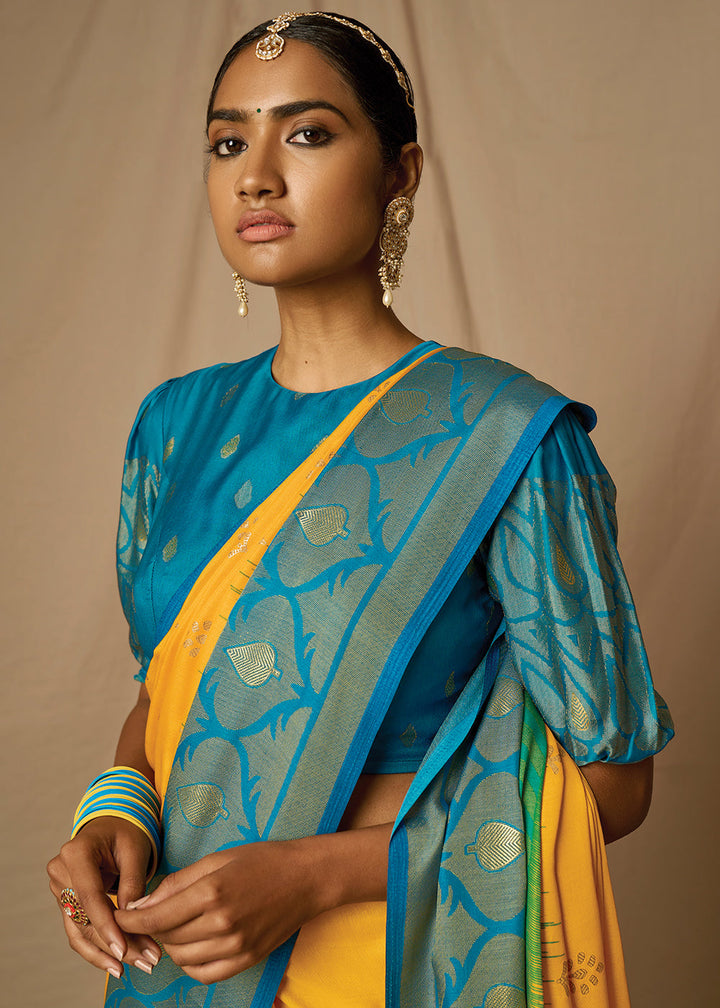 Yellow & Blue Woven Soft Silk Saree