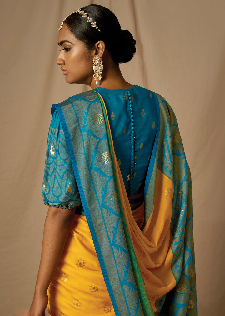 Yellow & Blue Woven Soft Silk Saree