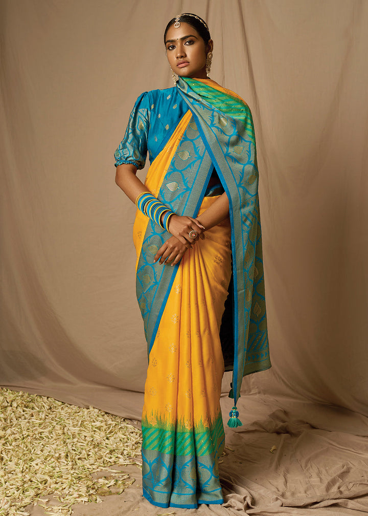 Yellow & Blue Woven Soft Silk Saree