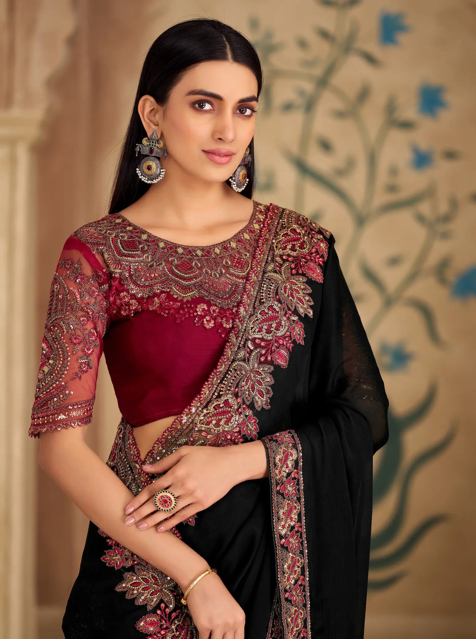 Ebony Black Chiffon Embroidery Saree
