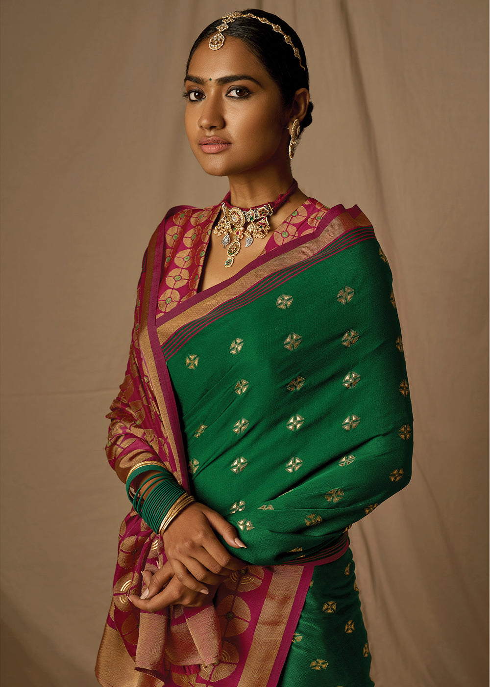 Green & Red Woven Soft Silk Saree