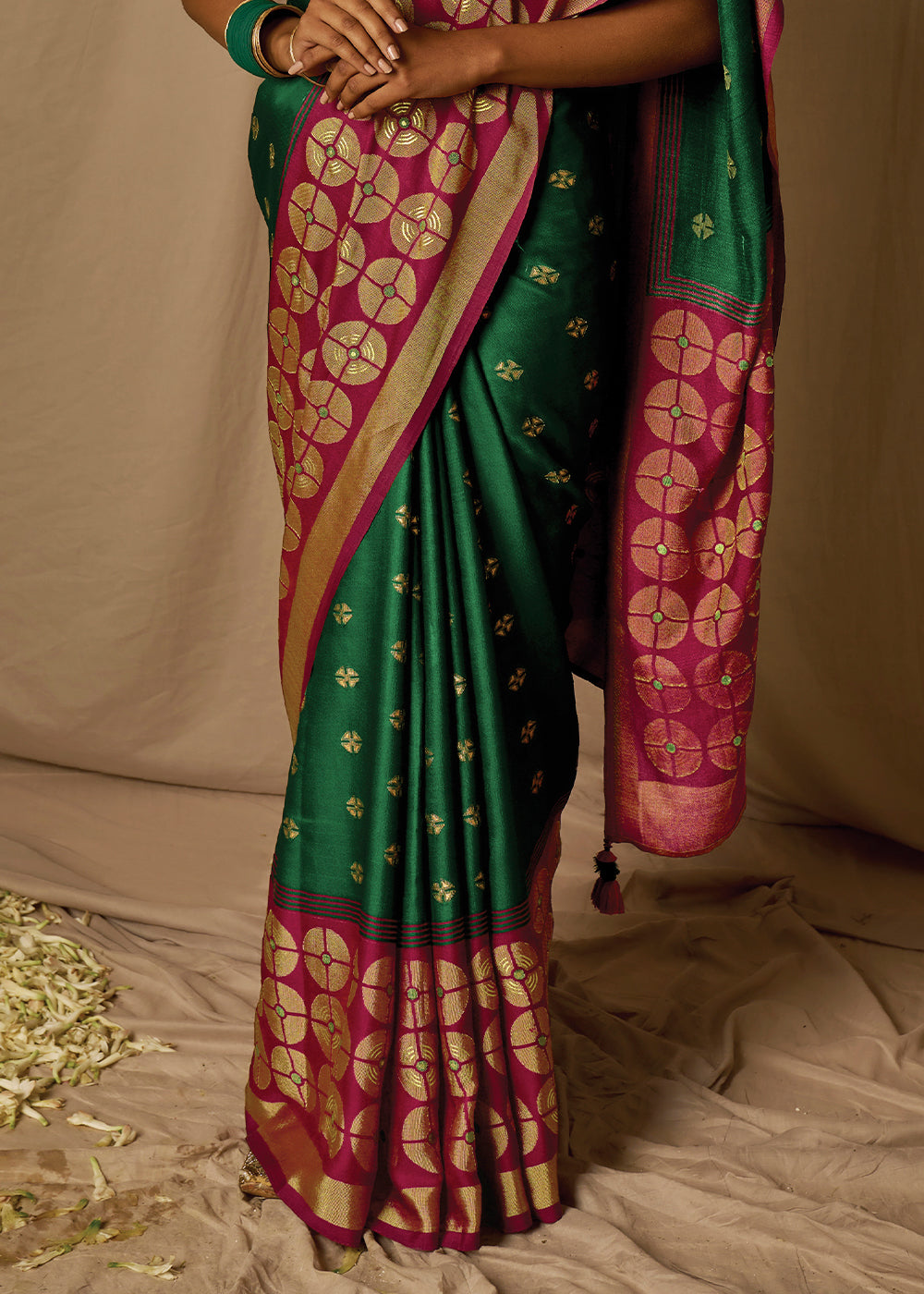 Green & Red Woven Soft Silk Saree