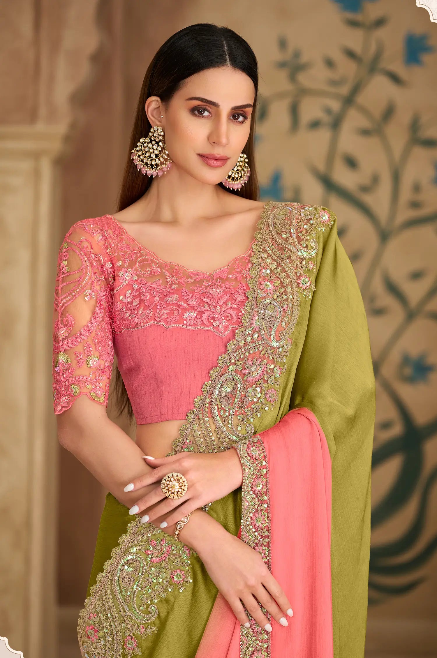 Peach-Olive Chiffon Embroidery Saree
