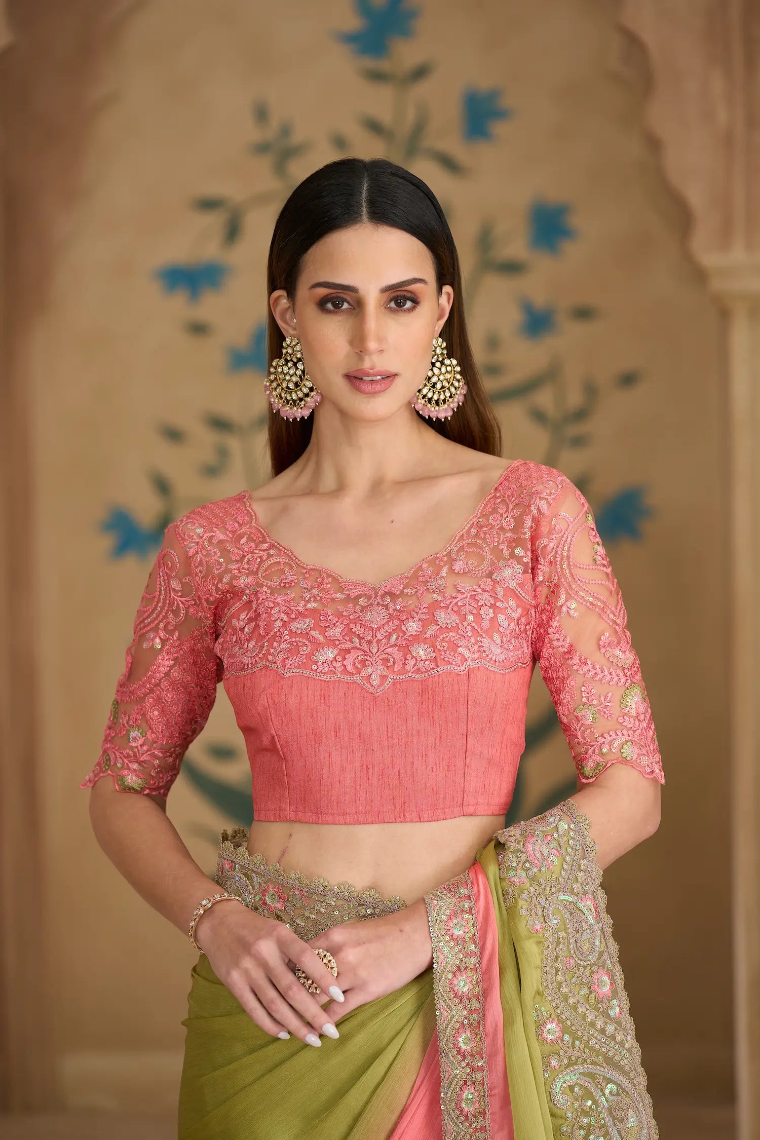 Peach-Olive Chiffon Embroidery Saree