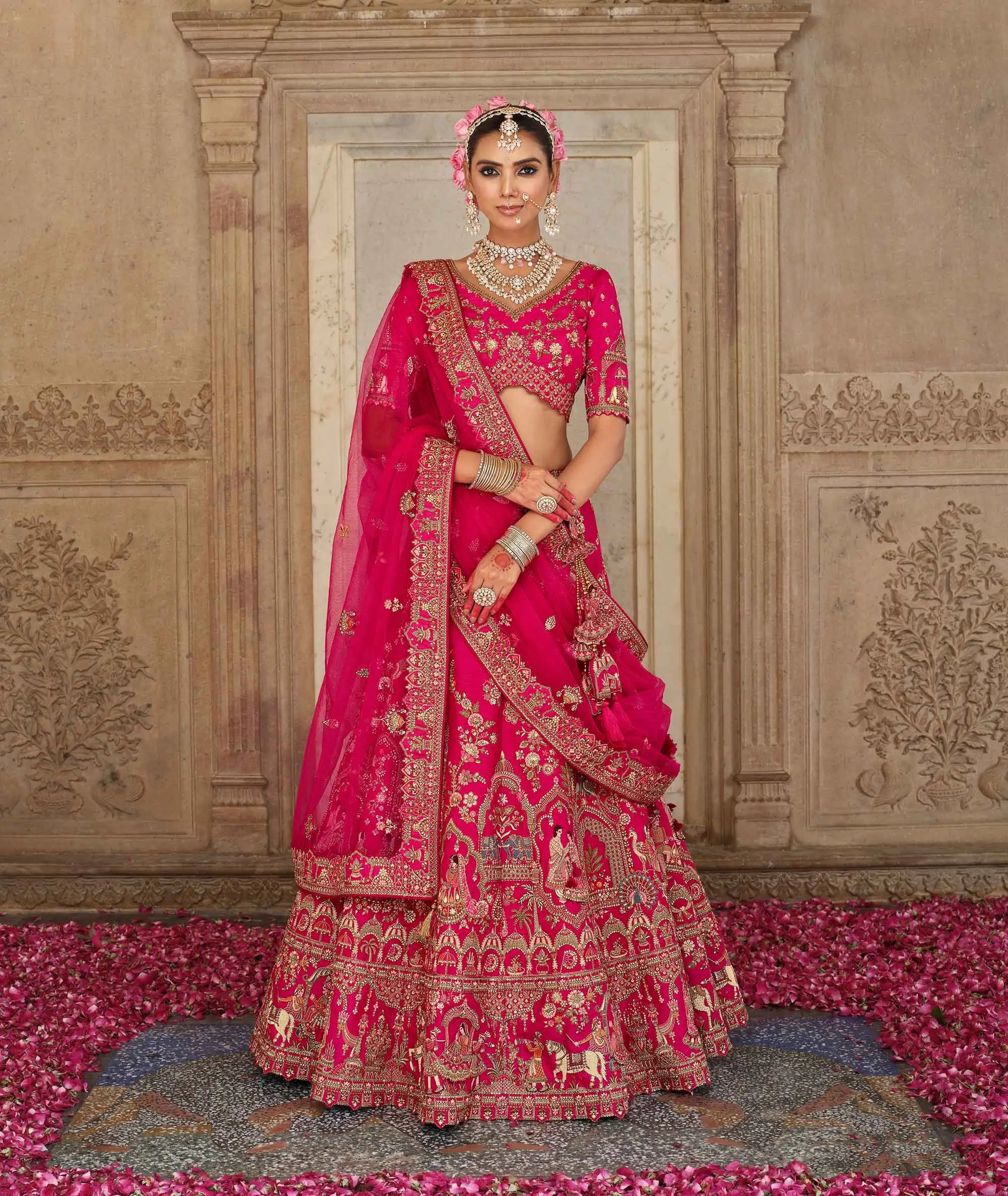 Designer Pink Bridal Lehenga Khatli Embroidery Work - qivii