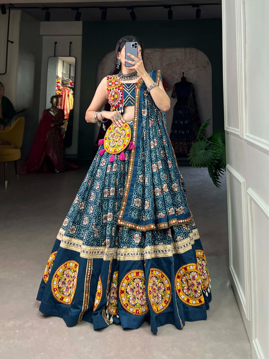  Elegant Till Color Pure Rayon Printed With Foil Work And Gamthi Patch Work With Lace Touch Up Lehenga with stunning lace touch up 