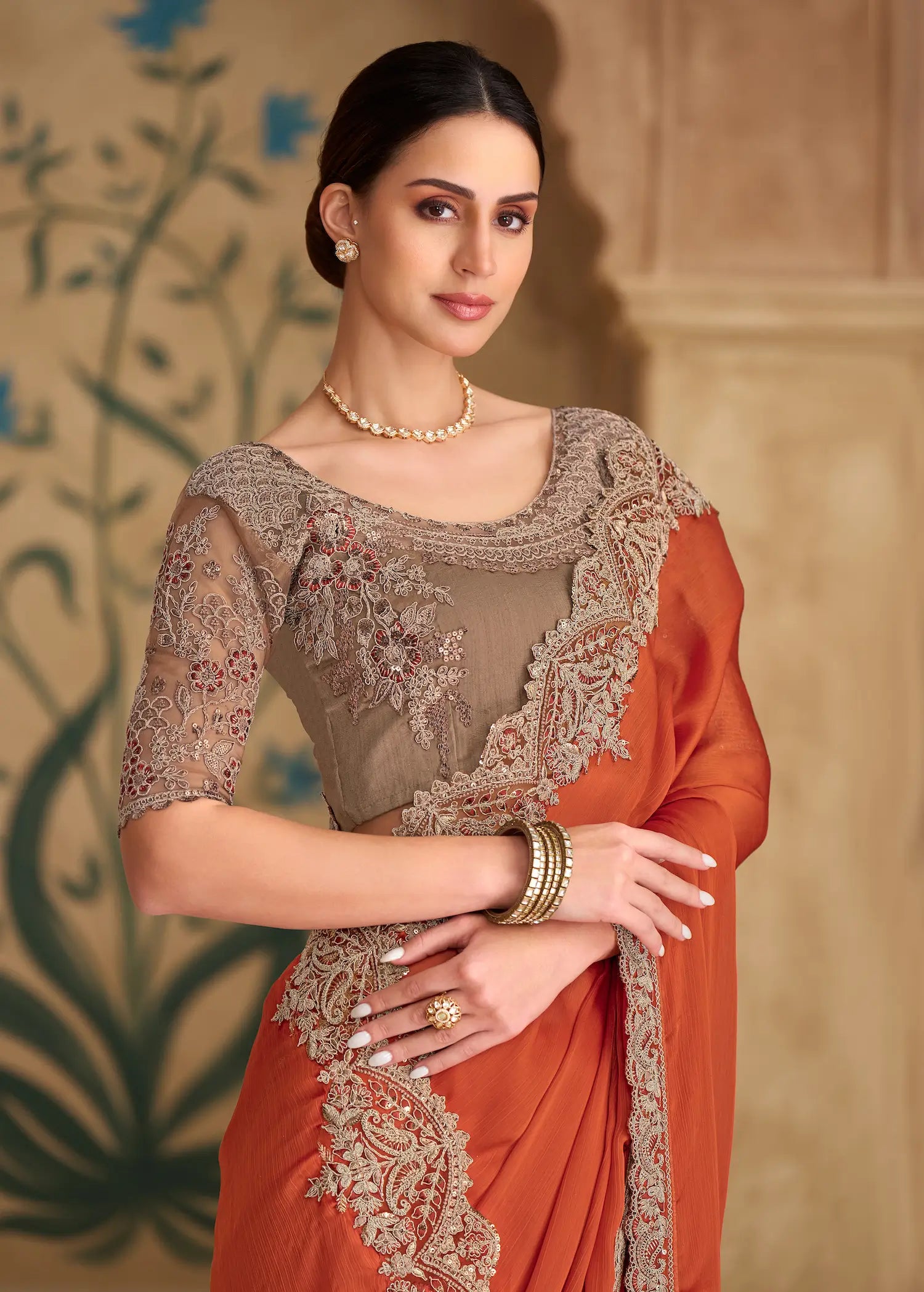 Deep Orange Chiffon Embroidery Saree