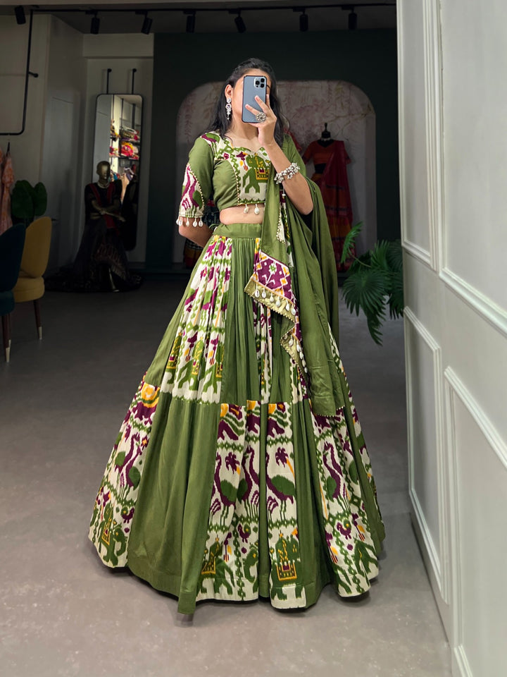 Rayon with Printed Silk Lehenga Choli In Mahendi Color