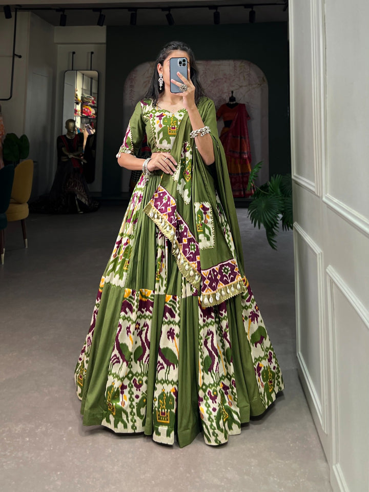 Rayon with Printed Silk Lehenga Choli In Mahendi Color