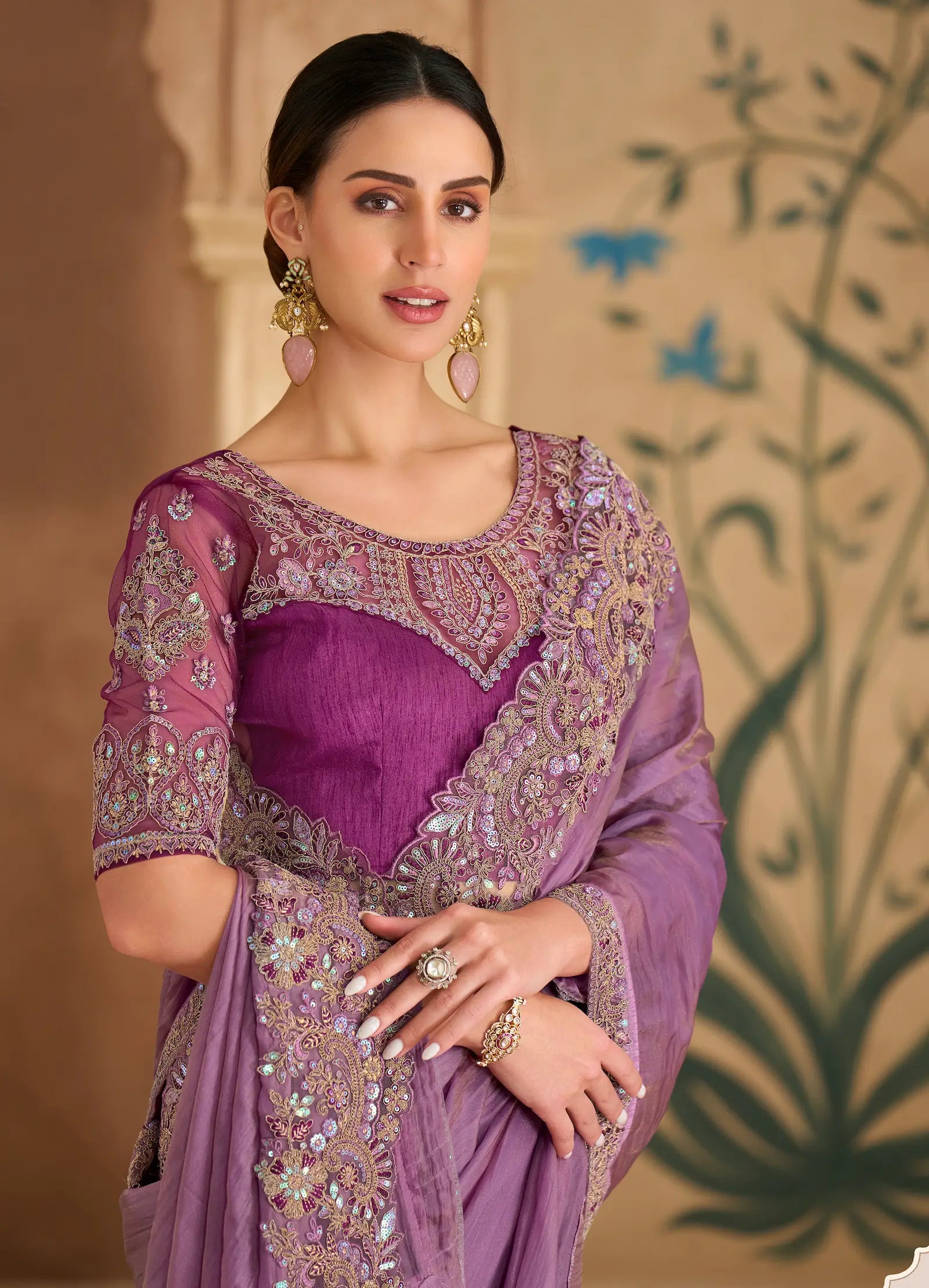 Onion Pink Georgette Embroidery Saree