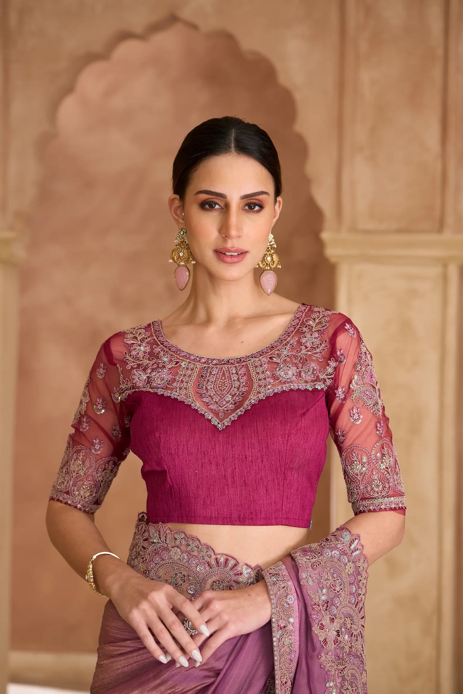 Onion Pink Georgette Embroidery Saree