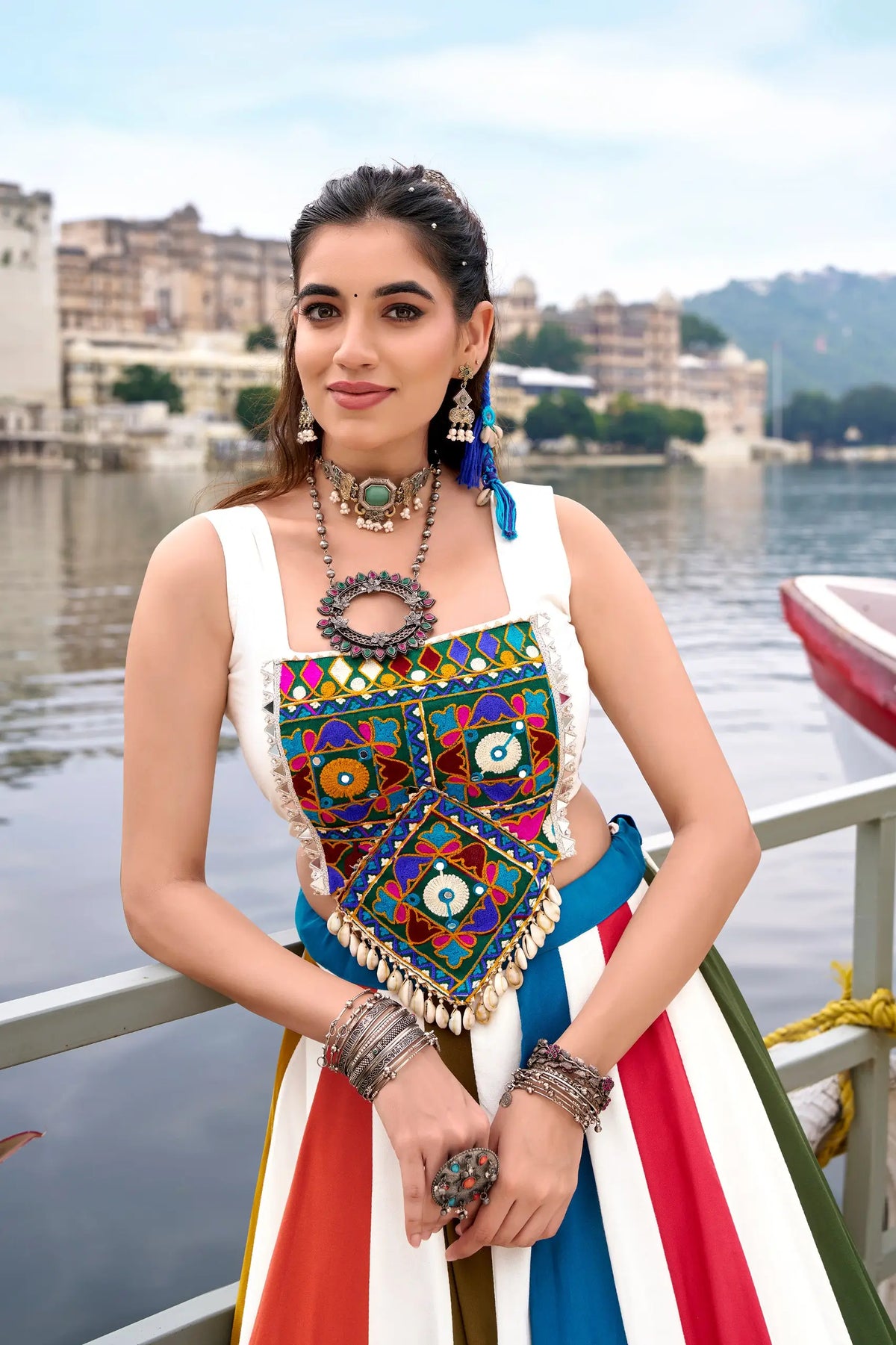 8 Meter Flair | Multicolor Chaniya Choli With Mirror Gamthi Work