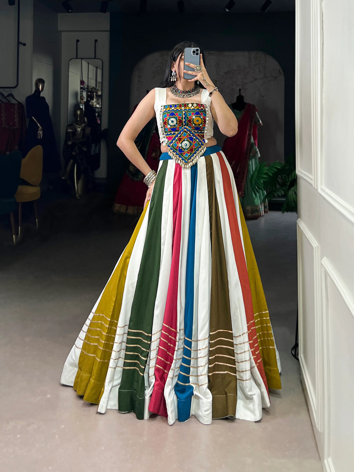 8 Meter Flair | Multicolor Chaniya Choli With Mirror Gamthi Work