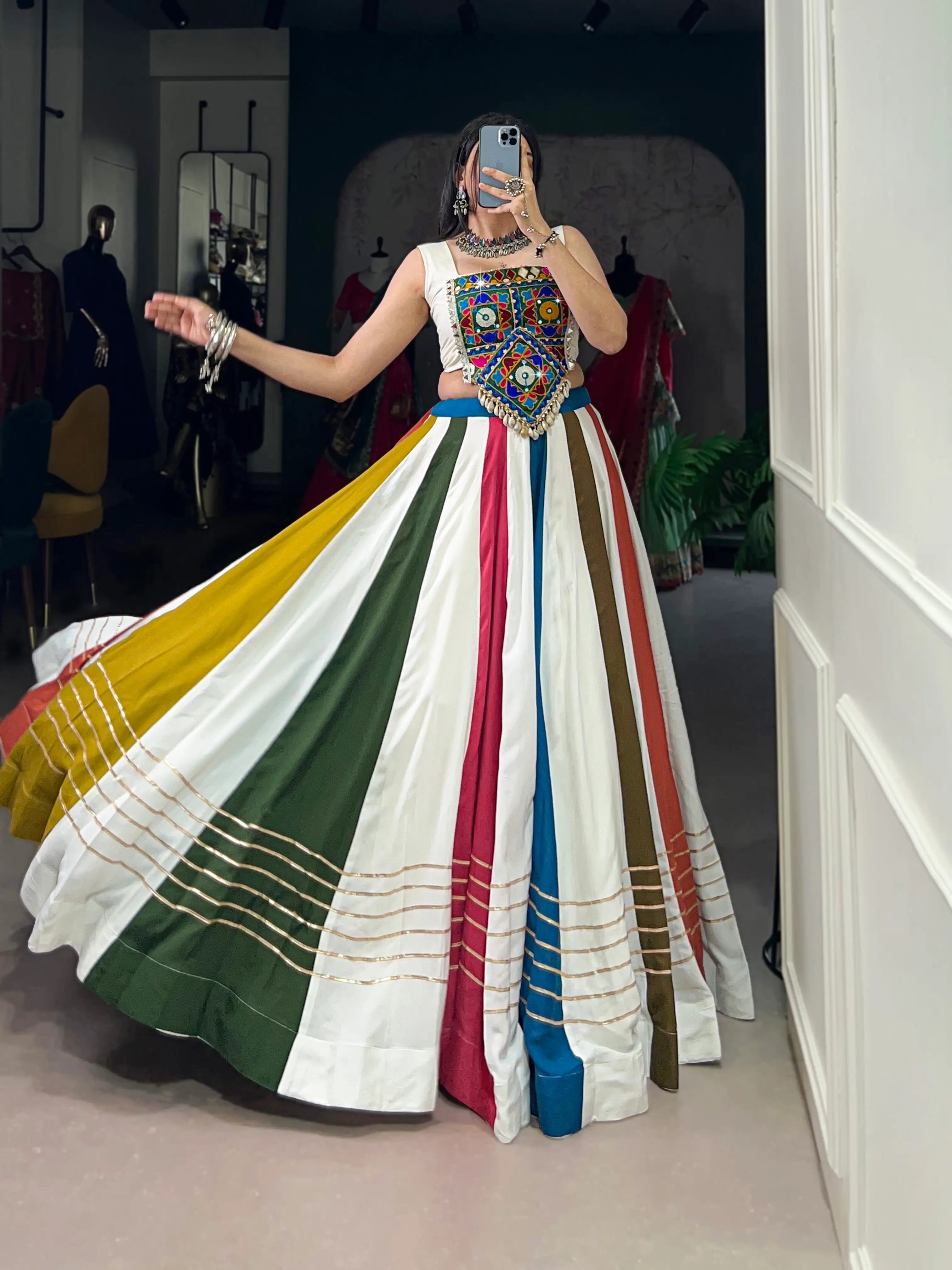 White Multicolor Rayon Lehenga Choli With Mirror & Gamthi Work
