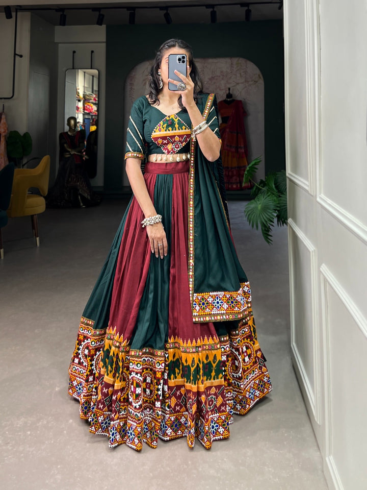 Green Rayon With Printed Silk Plain And Printed With Gamthi Work Lehenga Choli