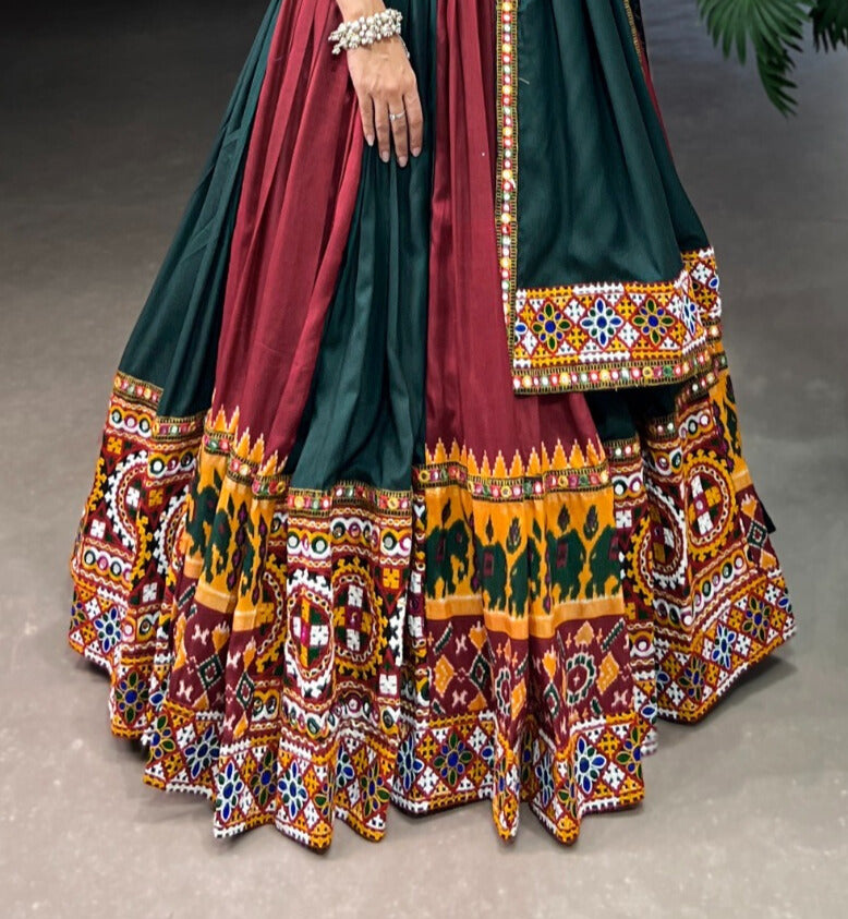 Green Rayon With Printed Silk Plain And Printed With Gamthi Work Lehenga Choli