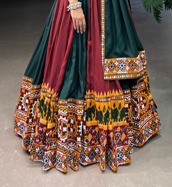 Green Rayon With Printed Silk Plain And Printed With Gamthi Work Lehenga Choli