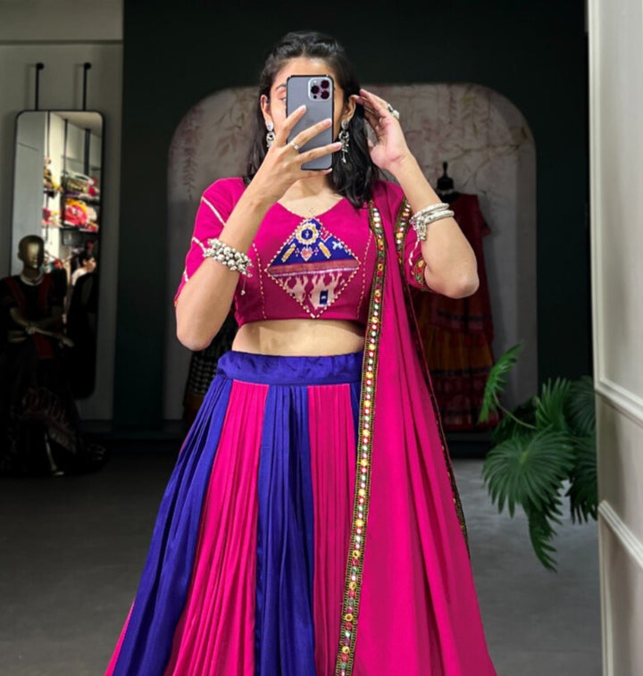 Royal Blue Rayon With Printed Silk Plain And Printed With Gamthi Work Lehenga Choli