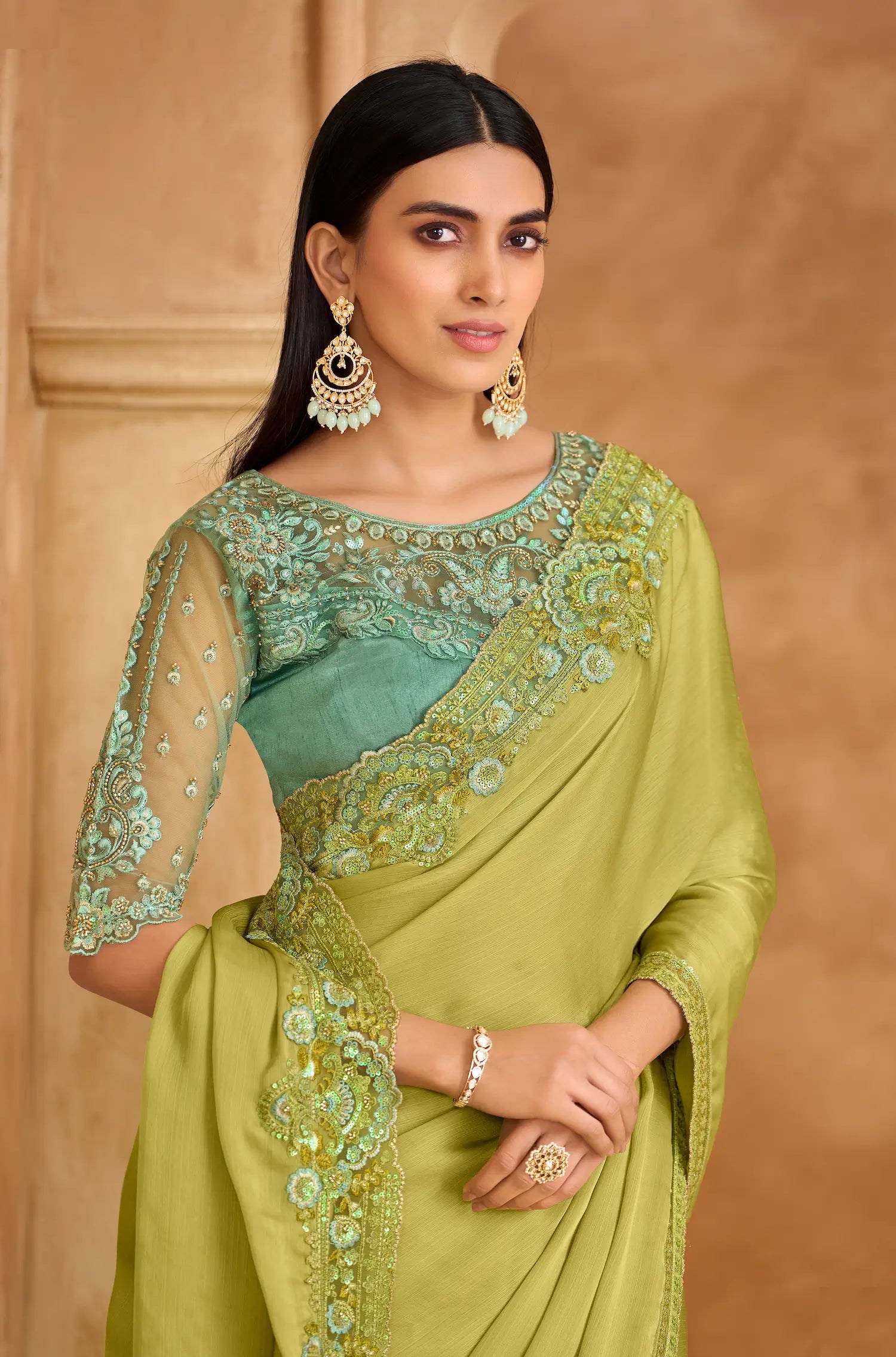 Lime Green Chiffon Embroidery Saree