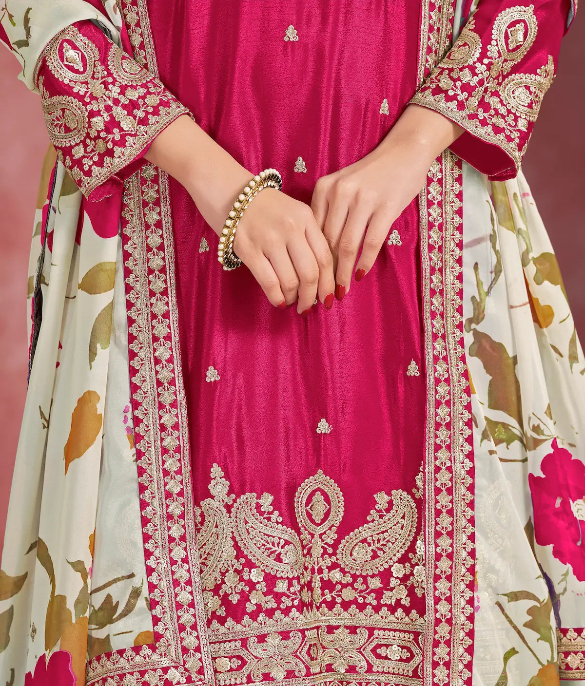 Hot Pink Chinon Embroidery Salwar suit With Organza Dupatta - qivii