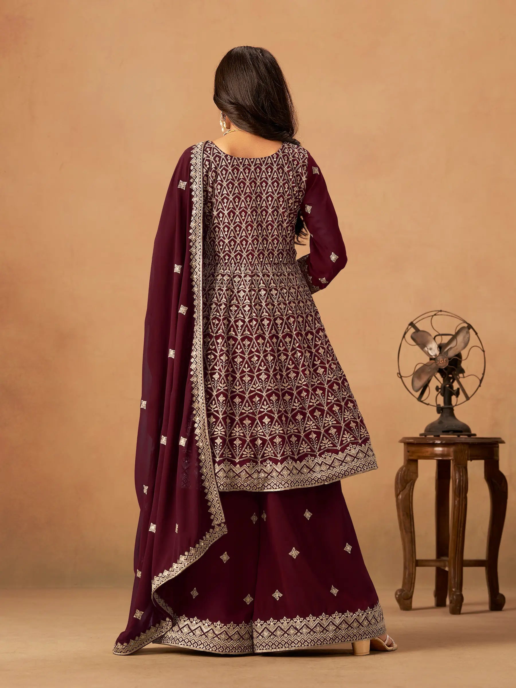 Maroon Georgette Embroidery Work Palazzo Set - qivii