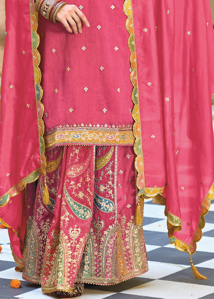 Hot Pink Chinnon Silk Plazzo Suit with Heavy Embroidery work